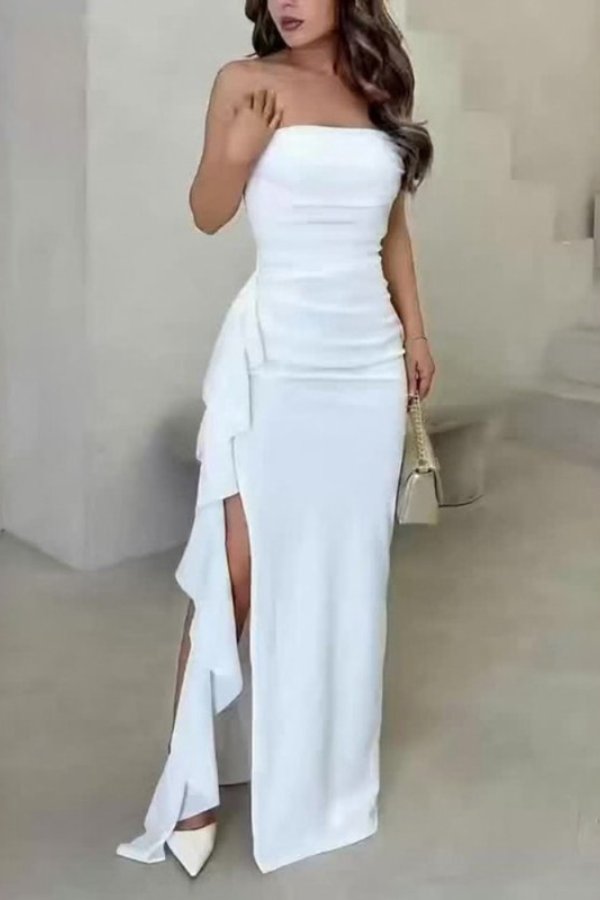 Women's Satin Strapless Wrap Maxi Dress - White