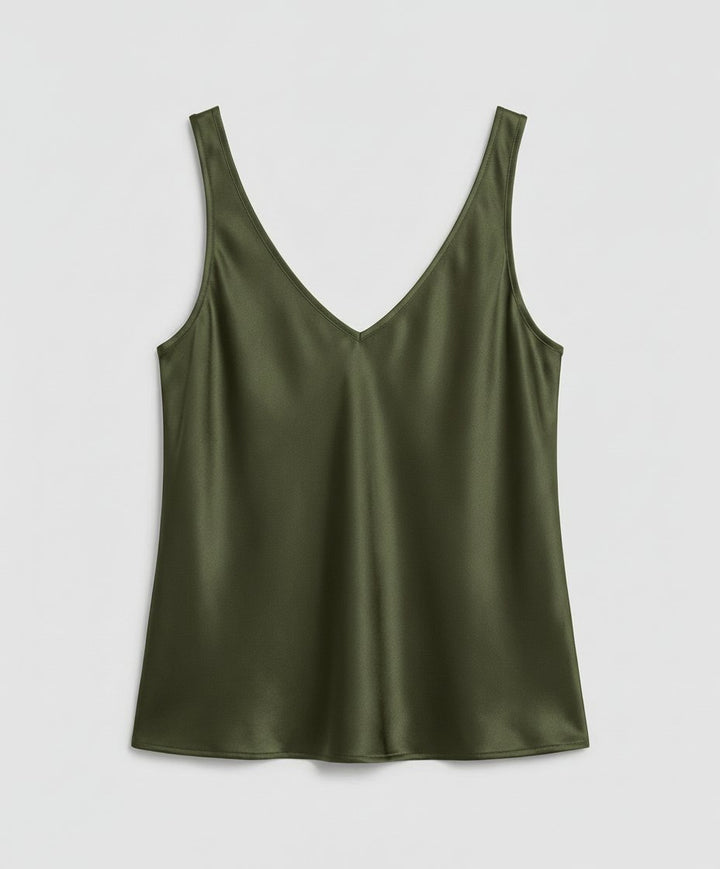 Women's Satin V-Neck Wide-Strap Camisole Top - Army Green