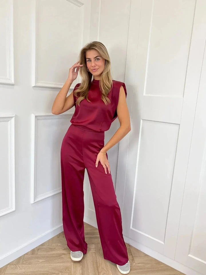 Women's Satin Wide-Leg Sleeveless Mock-Neck Jumpsuit