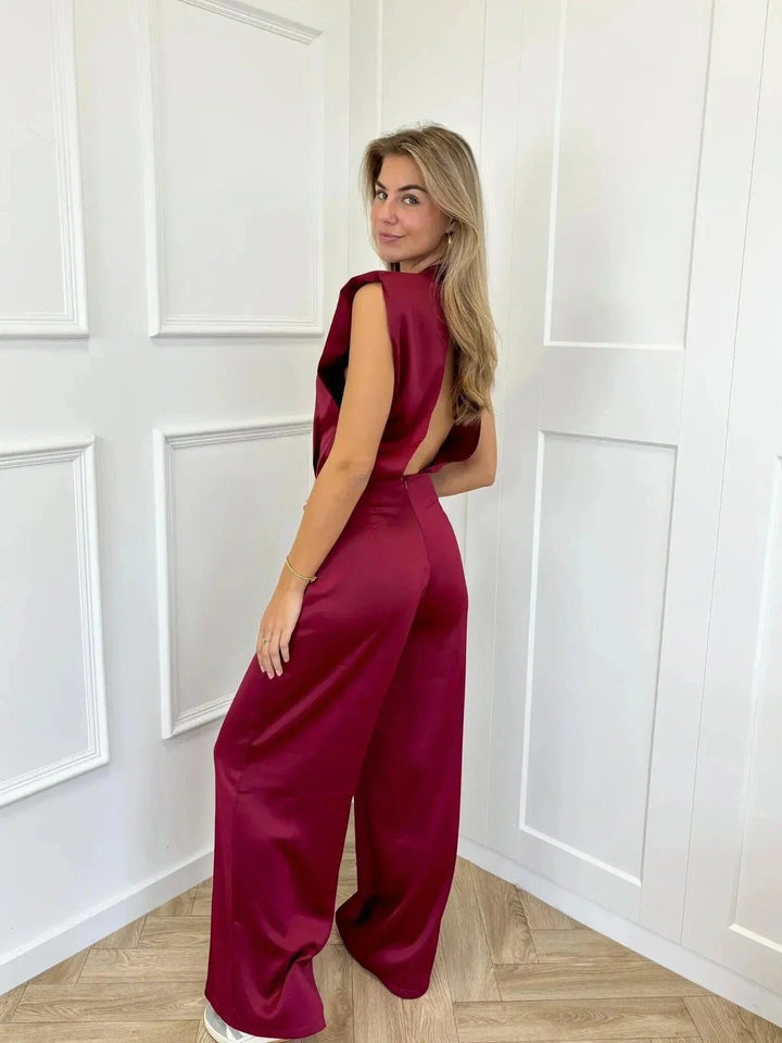 Women's Satin Wide-Leg Sleeveless Mock-Neck Jumpsuit - Bordeauxrood