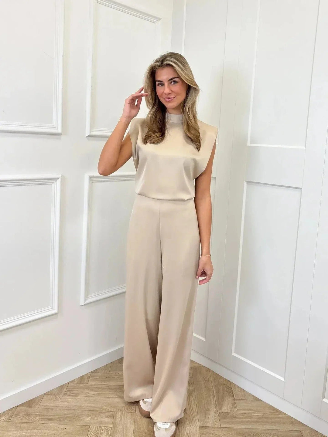 Women's Satin Wide-Leg Sleeveless Mock-Neck Jumpsuit