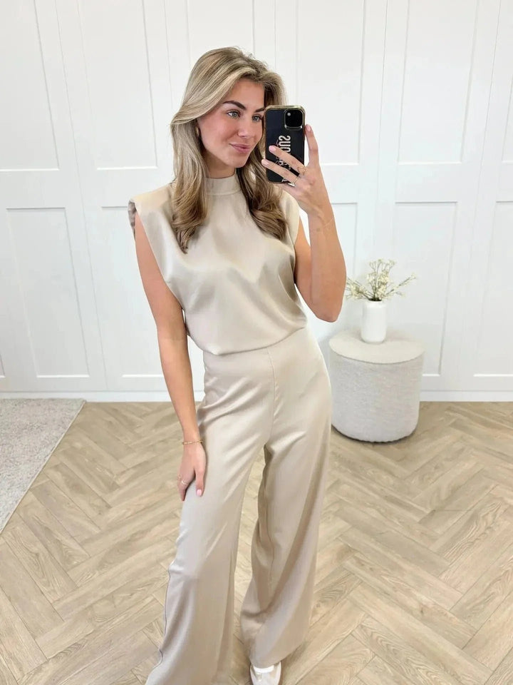 Women's Satin Wide-Leg Sleeveless Mock-Neck Jumpsuit