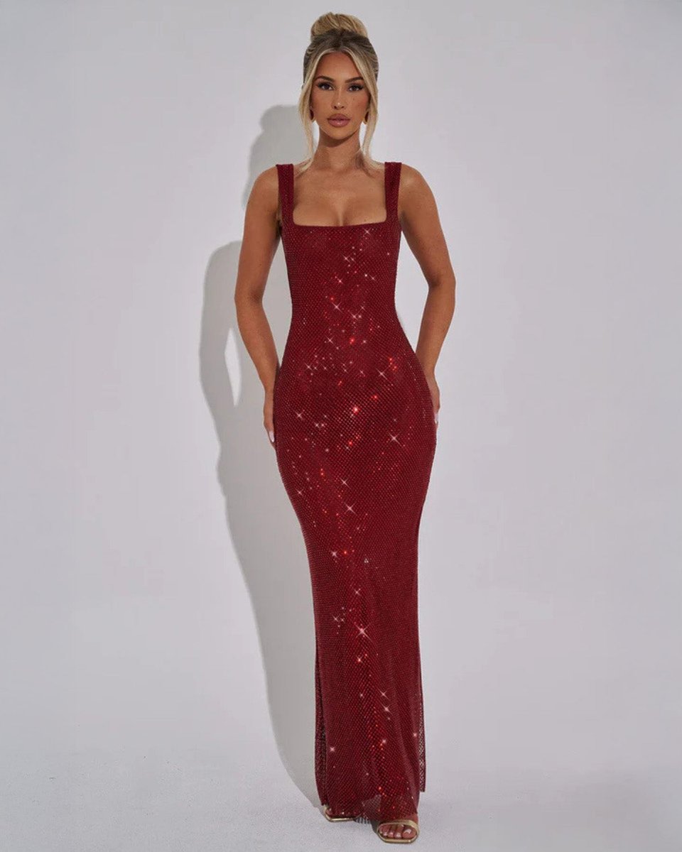 Women's Sequin Embellished Sleeveless Maxi Evening Gown - Red