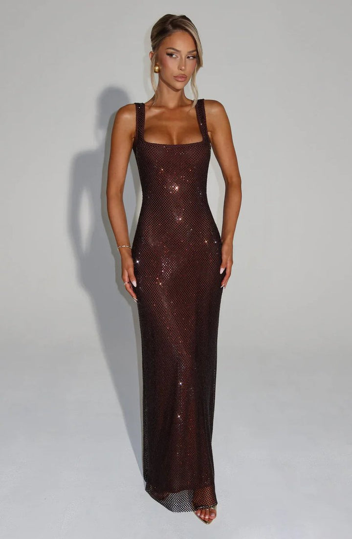 Women's Sequin Embellished Sleeveless Maxi Evening Gown - Brown
