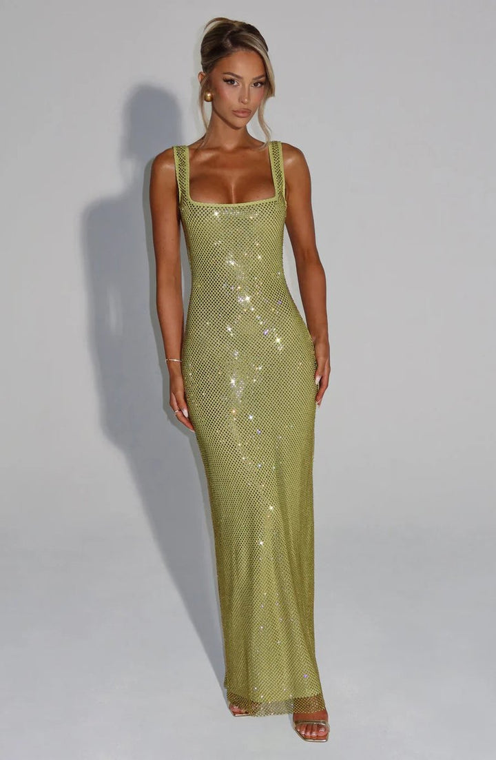 Women's Sequin Embellished Sleeveless Maxi Evening Gown - Green