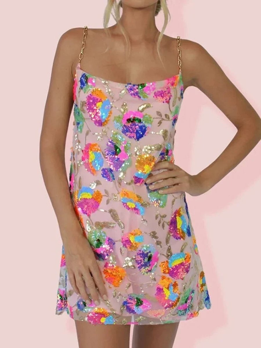 Women's Sequin Floral Slip Party Dress Chain Strap Mini - Pink