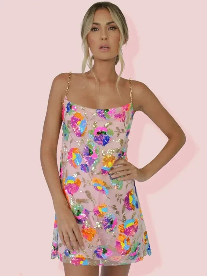Women's Sequin Floral Slip Party Dress Chain Strap Mini