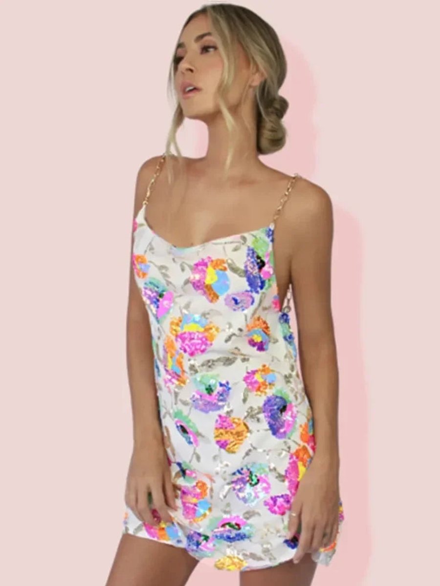 Women's Sequin Floral Slip Party Dress Chain Strap Mini
