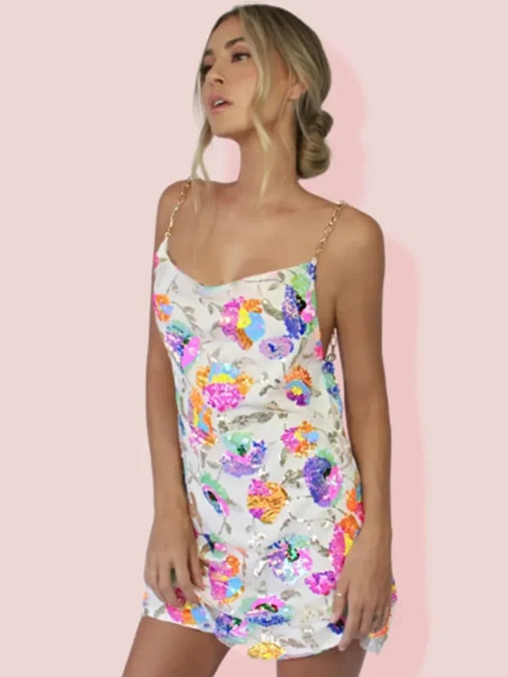 Women's Sequin Floral Slip Party Dress Chain Strap Mini