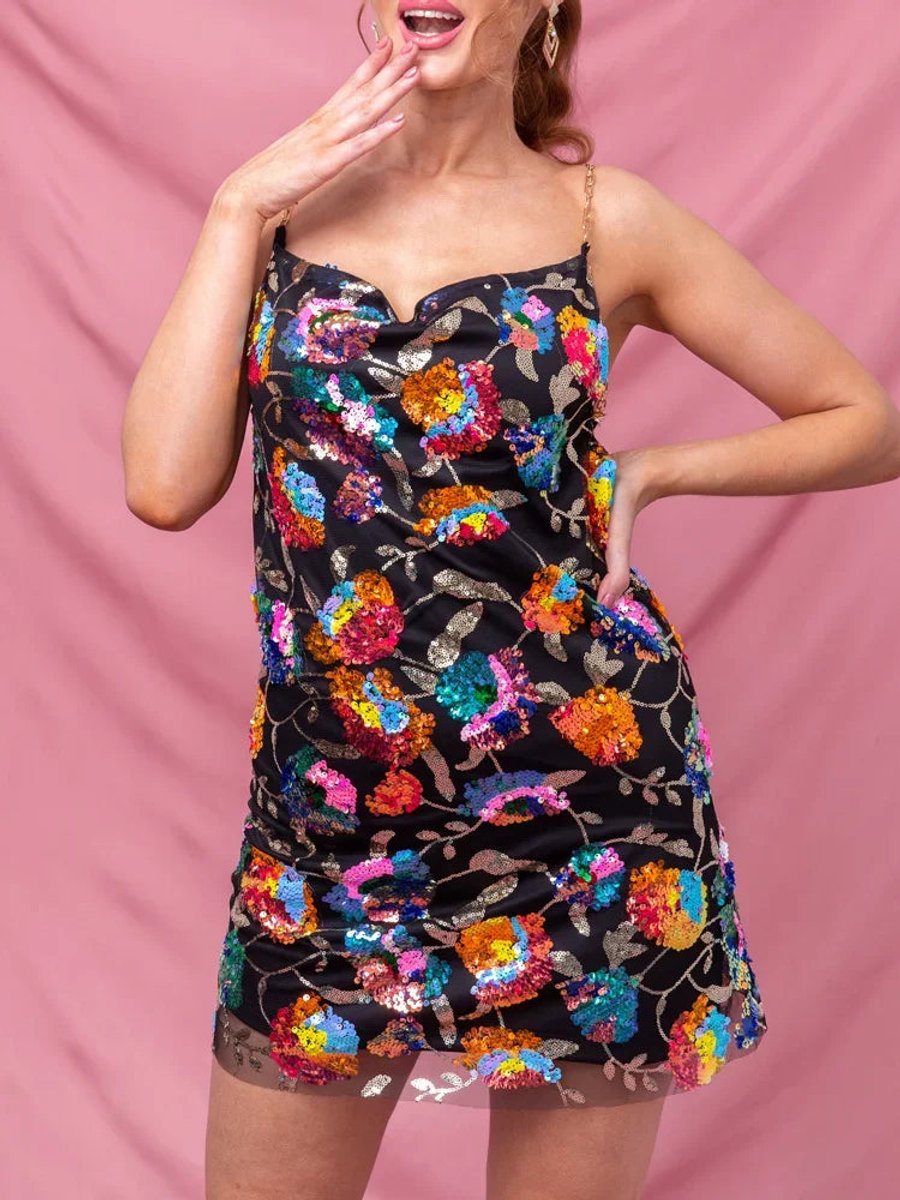Women's Sequin Floral Slip Party Dress Chain Strap Mini - Black