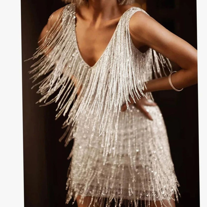 Women's Sequin Fringe A-Line Mini Cocktail Dress - Silver