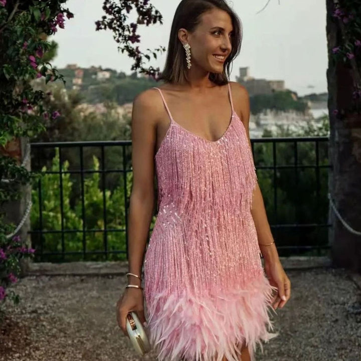 Women's Sequin Fringe Feather Trim Cocktail Dress - Light Pink