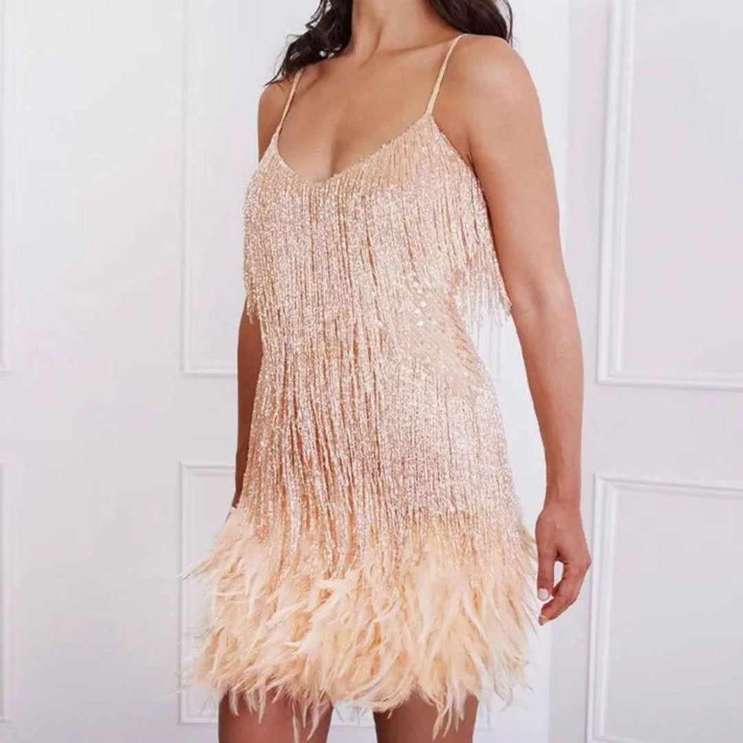 Women's Sequin Fringe Feather Trim Cocktail Dress - Beige
