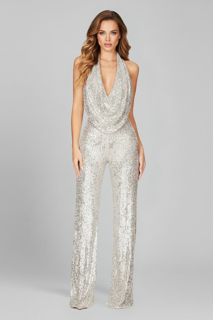 Women's Sequin Halter-Neck Cowl Wide Leg Pants Jumpsuit - Silver