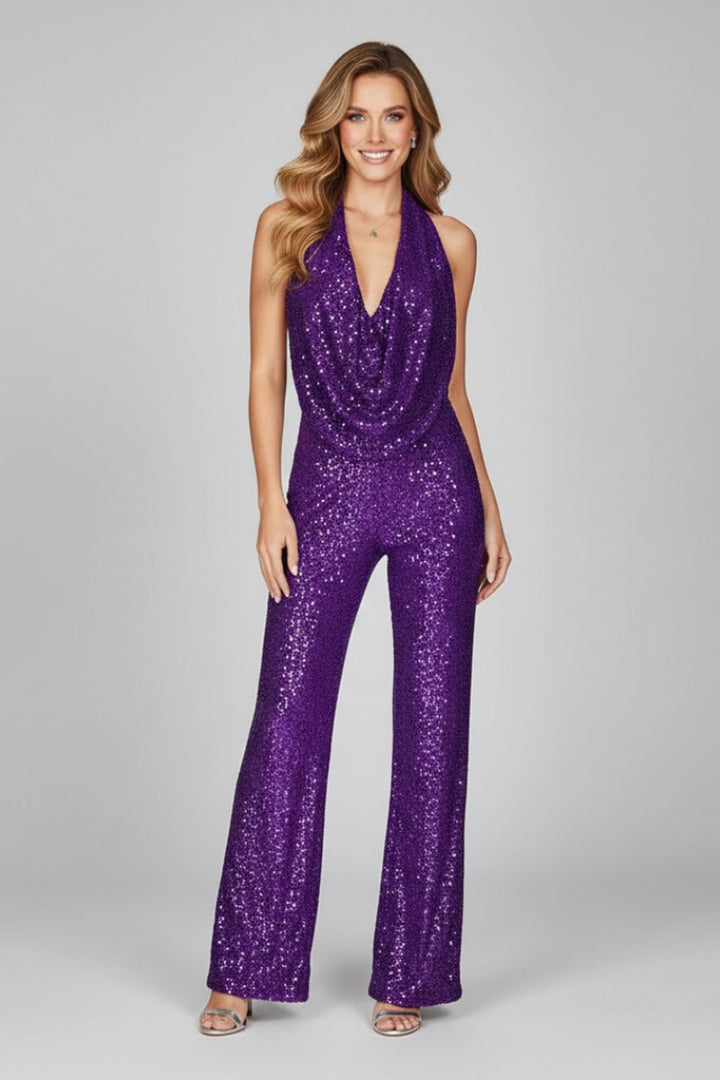 Women's Sequin Halter-Neck Cowl Wide Leg Pants Jumpsuit - Purple