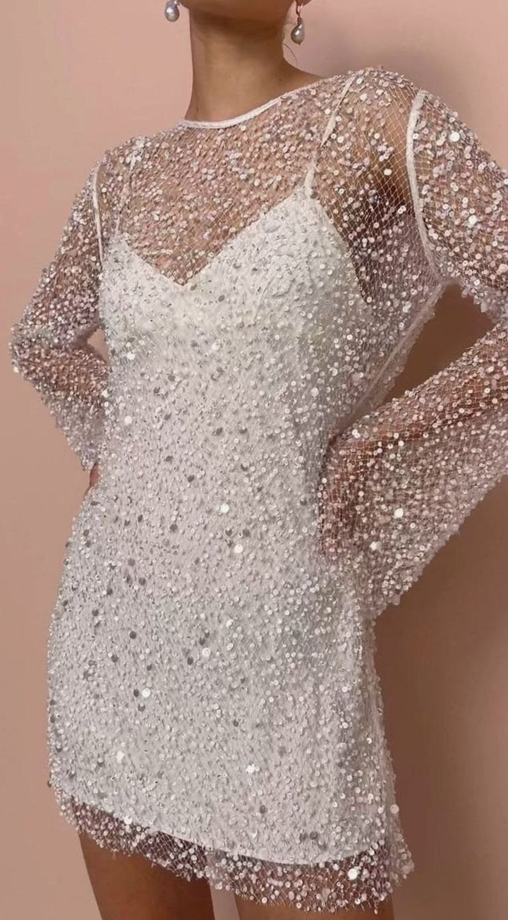 Women's Sequin Mesh Long-Sleeve Mini Autumn Dress - White