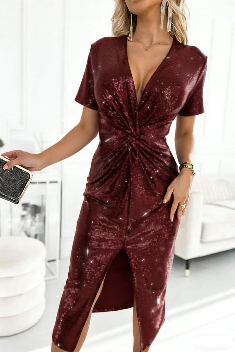 Women's Sequin V-Neck Twisted-Front Midi Cocktail Dress - Bordeaux