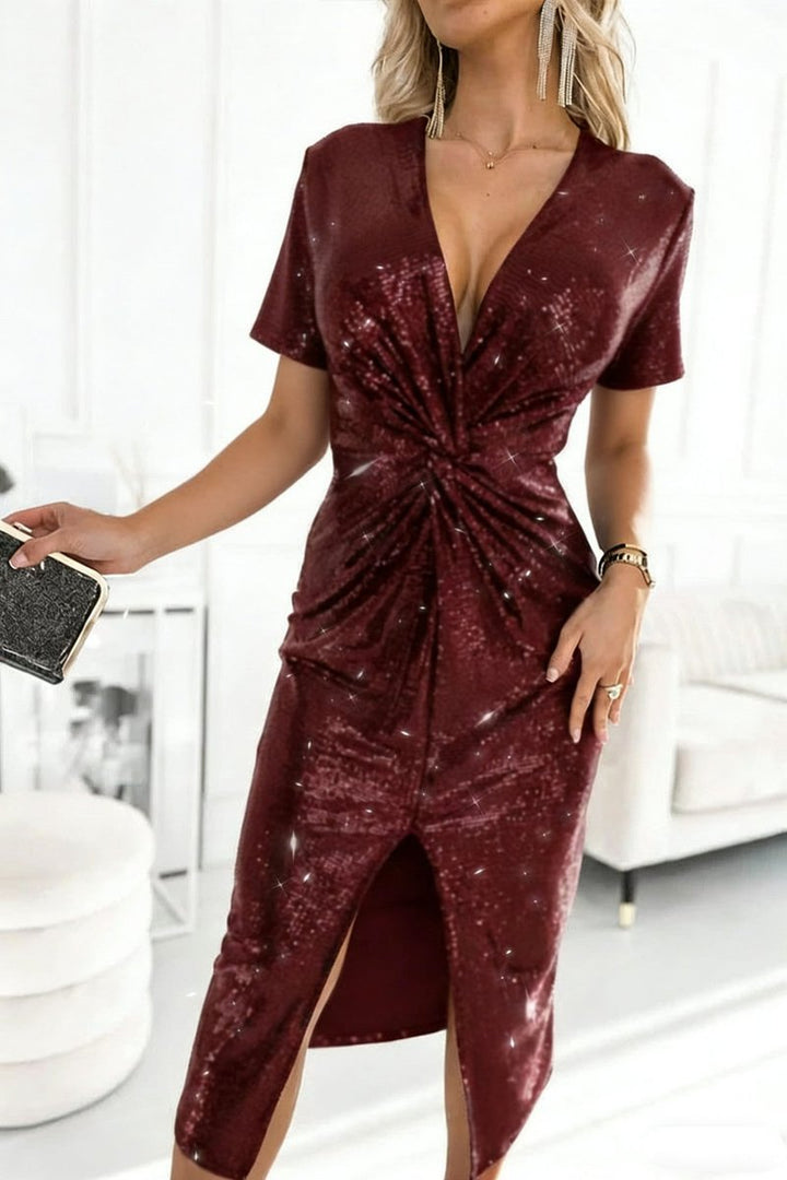 Women's Sequin V-Neck Twisted-Front Midi Cocktail Dress - Bordeaux