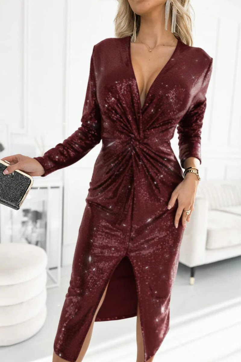 Women's Sequin V-Neck Twisted-Front Midi Cocktail Dress - Red