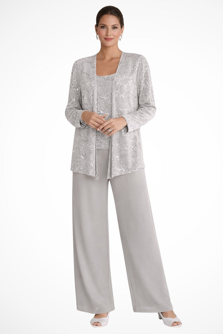 Women's Sequined Wide-Leg Three-Piece Occasion Set - Silver