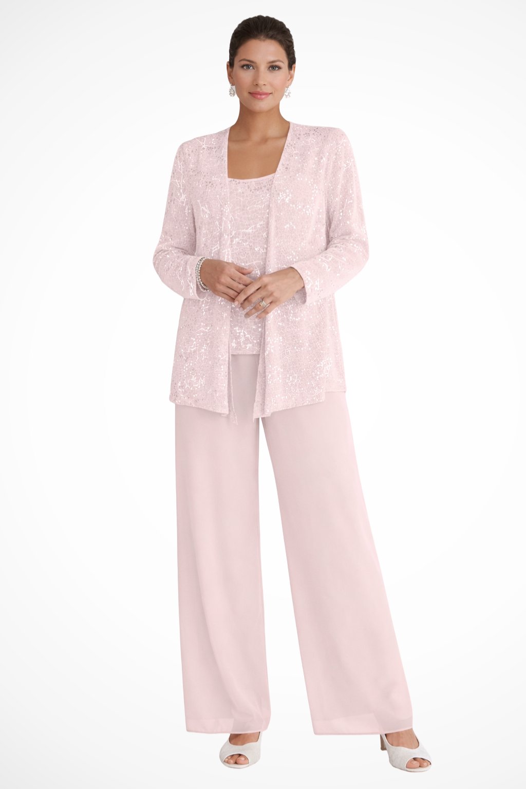 Women's Sequined Wide-Leg Three-Piece Occasion Set - Light Pink