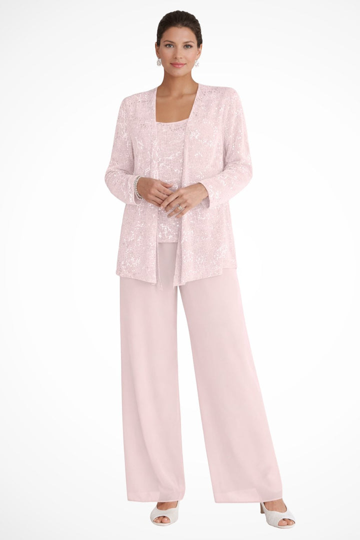 Women's Sequined Wide-Leg Three-Piece Occasion Set - Light Pink