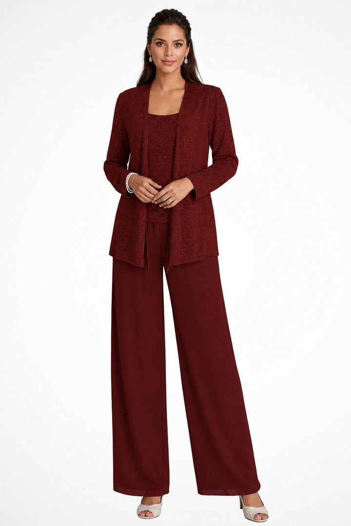 Women's Sequined Wide-Leg Three-Piece Occasion Set - Burgundy