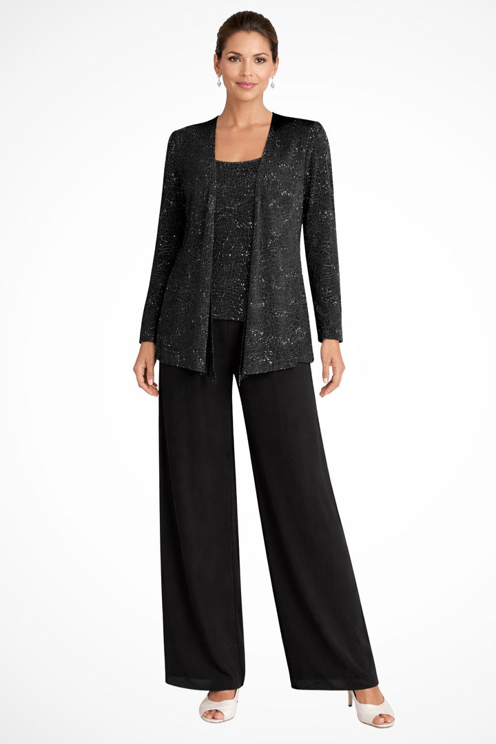 Women's Sequined Wide-Leg Three-Piece Occasion Set - Black