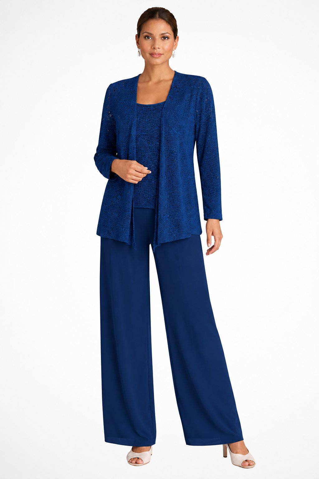 Women's Sequined Wide-Leg Three-Piece Occasion Set - Navy Blue