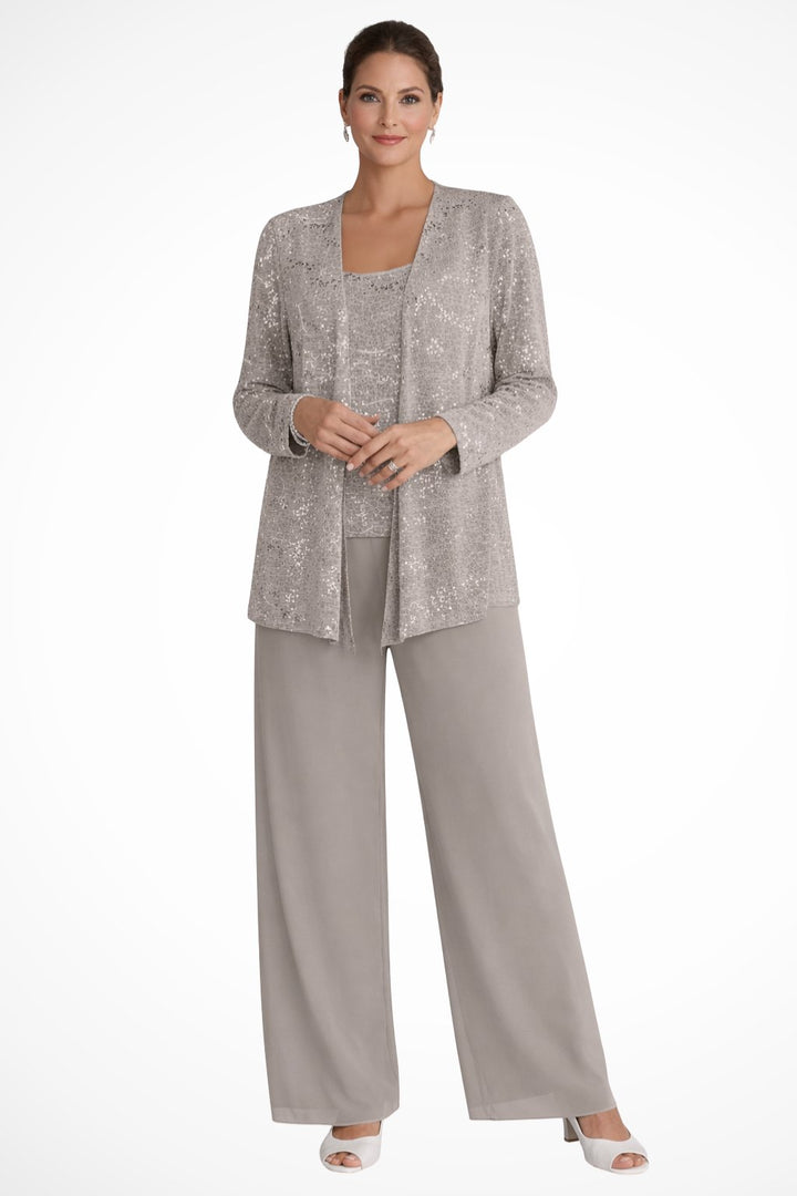 Women's Sequined Wide-Leg Three-Piece Occasion Set - Beige