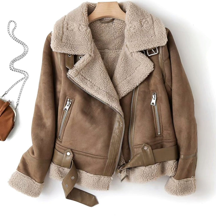 Women's Shearling-Lined Cropped Suede Moto Jacket Belted - Brown