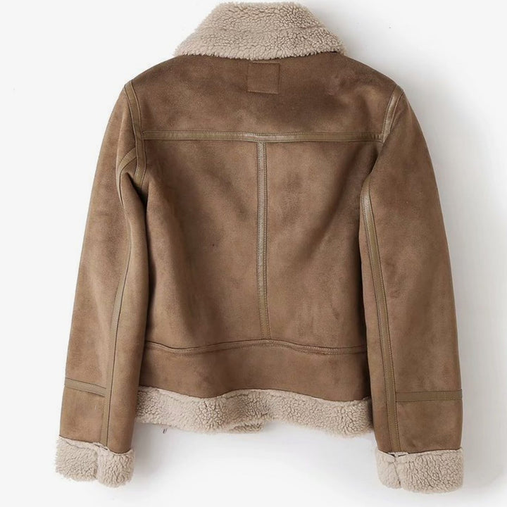 Women's Shearling-Lined Cropped Suede Moto Jacket Belted