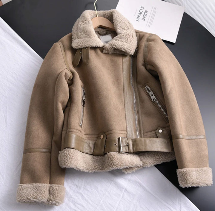 Women's Shearling-Lined Cropped Suede Moto Jacket Belted