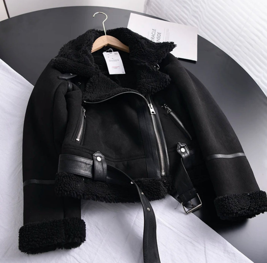 Women's Shearling-Lined Cropped Suede Moto Jacket Belted