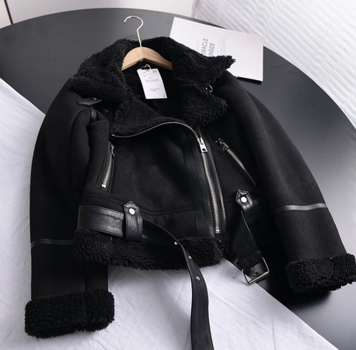 Women's Shearling-Lined Cropped Suede Moto Jacket Belted