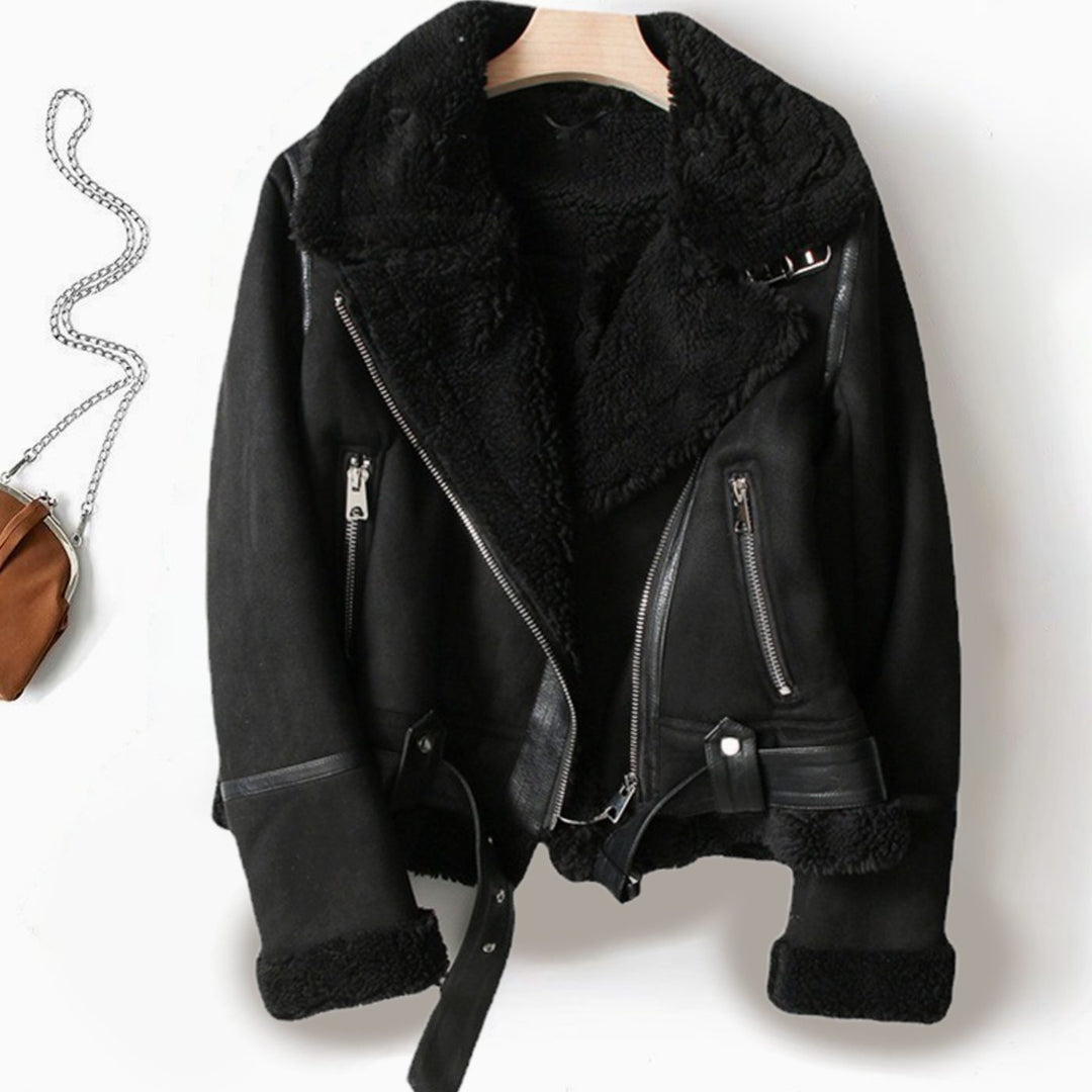 Women's Shearling-Lined Cropped Suede Moto Jacket Belted - Black