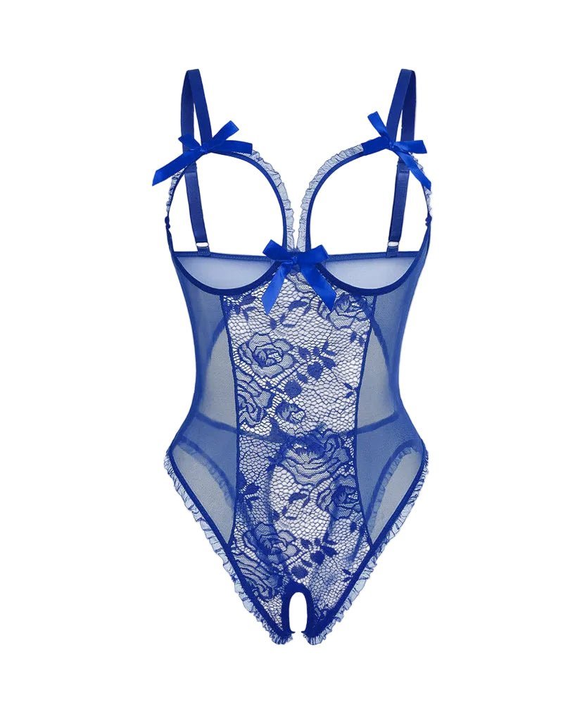 Women's Sheer Lace Sleeveless Open Crotch Bodysuit - Blue
