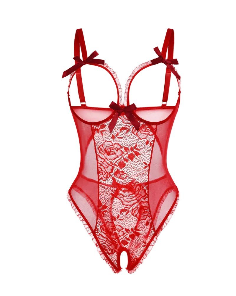 Women's Sheer Lace Sleeveless Open Crotch Bodysuit - Red