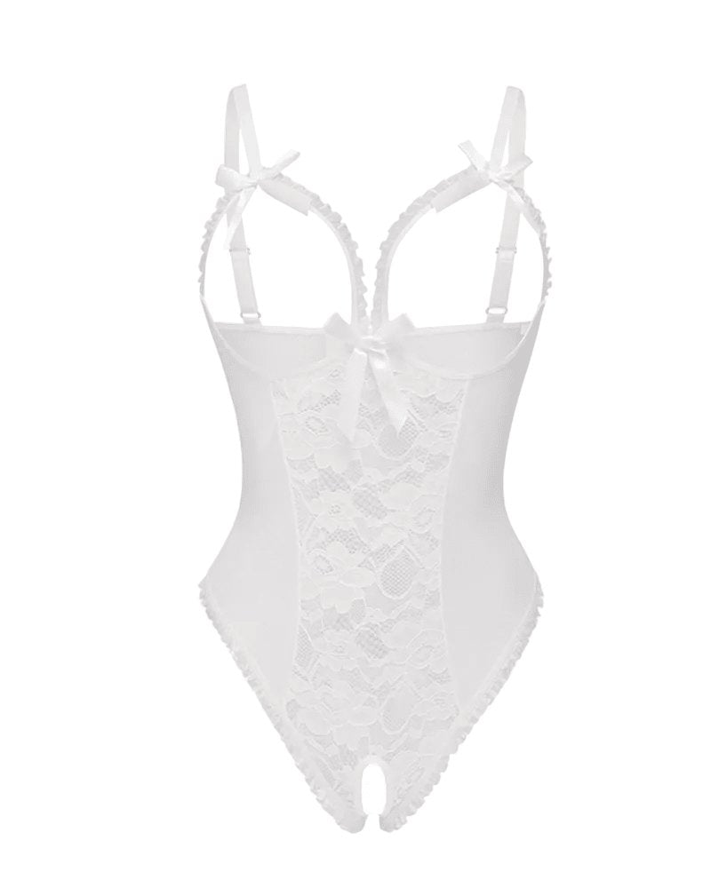 Women's Sheer Lace Sleeveless Open Crotch Bodysuit - White