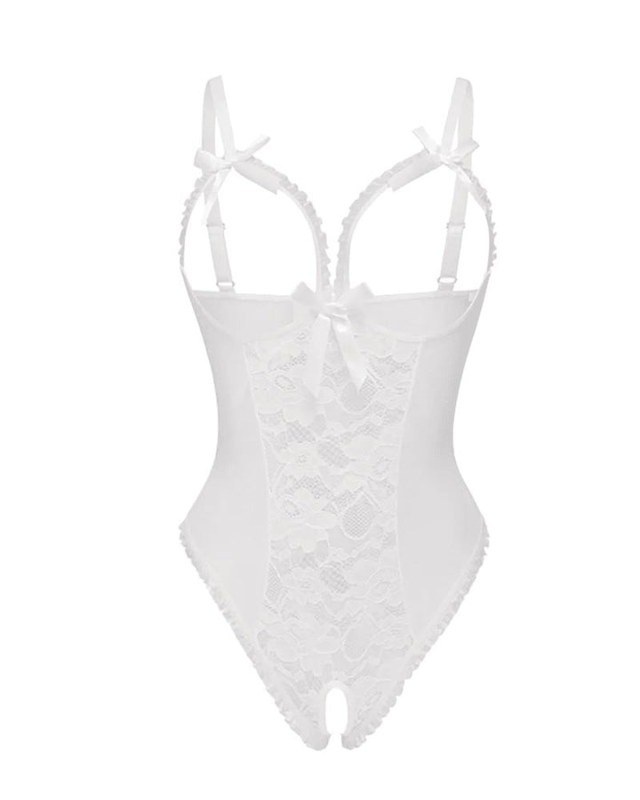 Women's Sheer Lace Sleeveless Open Crotch Bodysuit - White