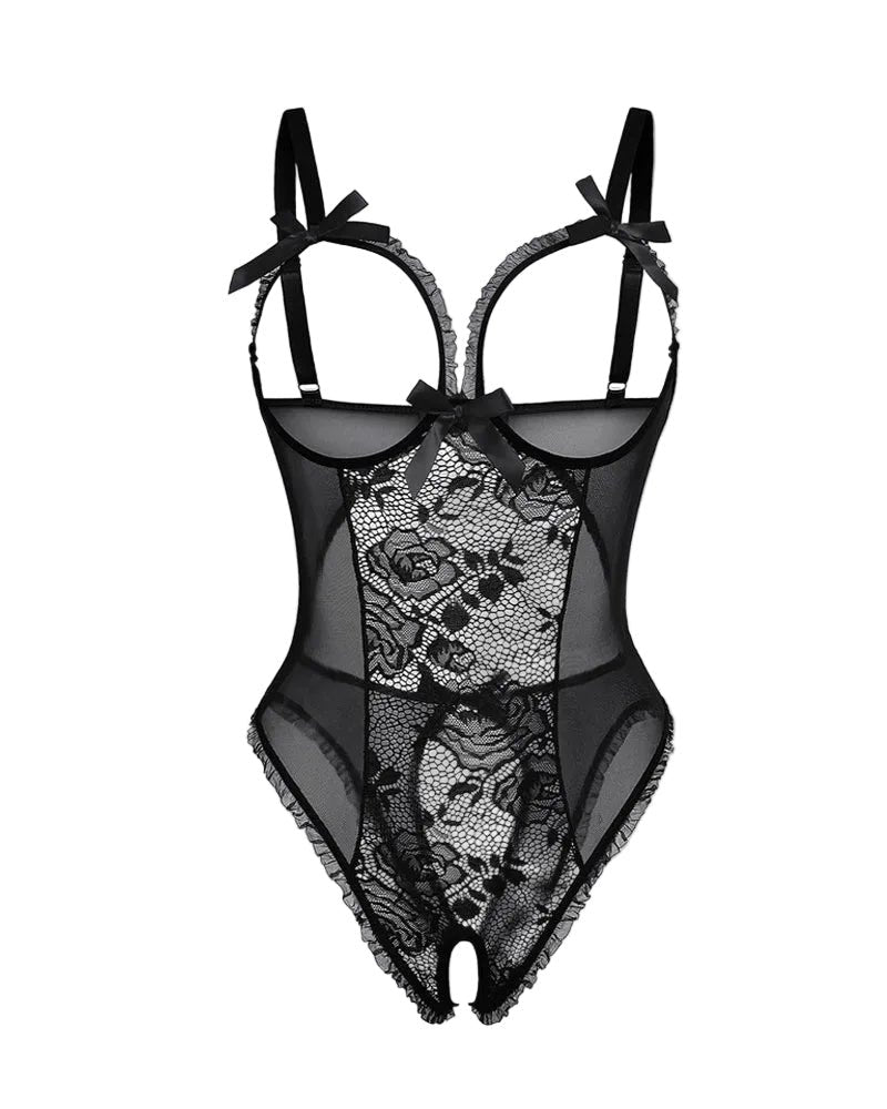 Women's Sheer Lace Sleeveless Open Crotch Bodysuit - Black