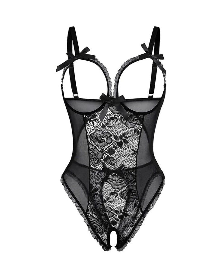 Women's Sheer Lace Sleeveless Open Crotch Bodysuit - Black