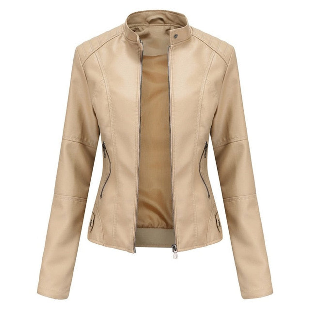 Women's Short-Cut Mock-Neck Zip-Up Faux Leather Jacket - Beige