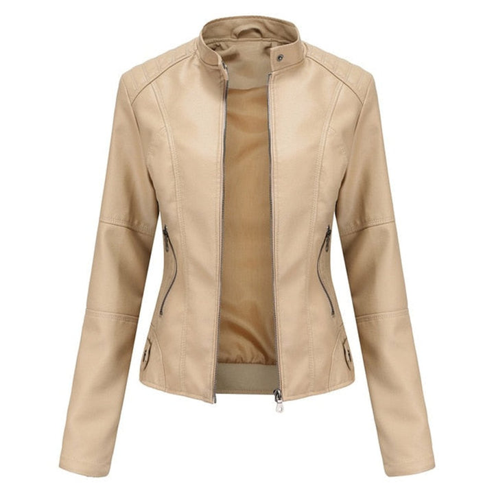 Women's Short-Cut Mock-Neck Zip-Up Faux Leather Jacket - Beige