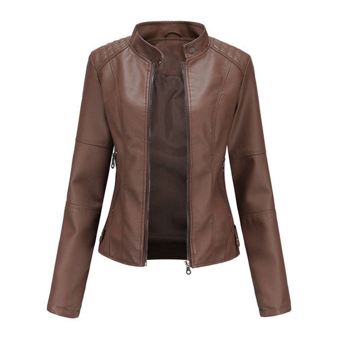 Women's Short-Cut Mock-Neck Zip-Up Faux Leather Jacket - Brown