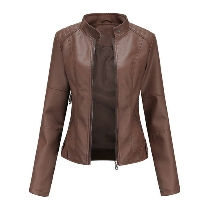Women's Short-Cut Mock-Neck Zip-Up Faux Leather Jacket - Brown