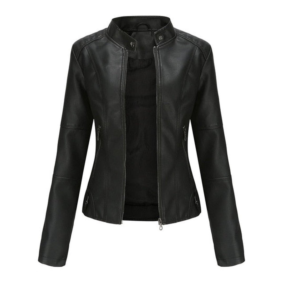 Women's Short-Cut Mock-Neck Zip-Up Faux Leather Jacket - Black