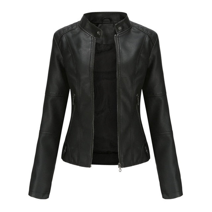 Women's Short-Cut Mock-Neck Zip-Up Faux Leather Jacket - Black