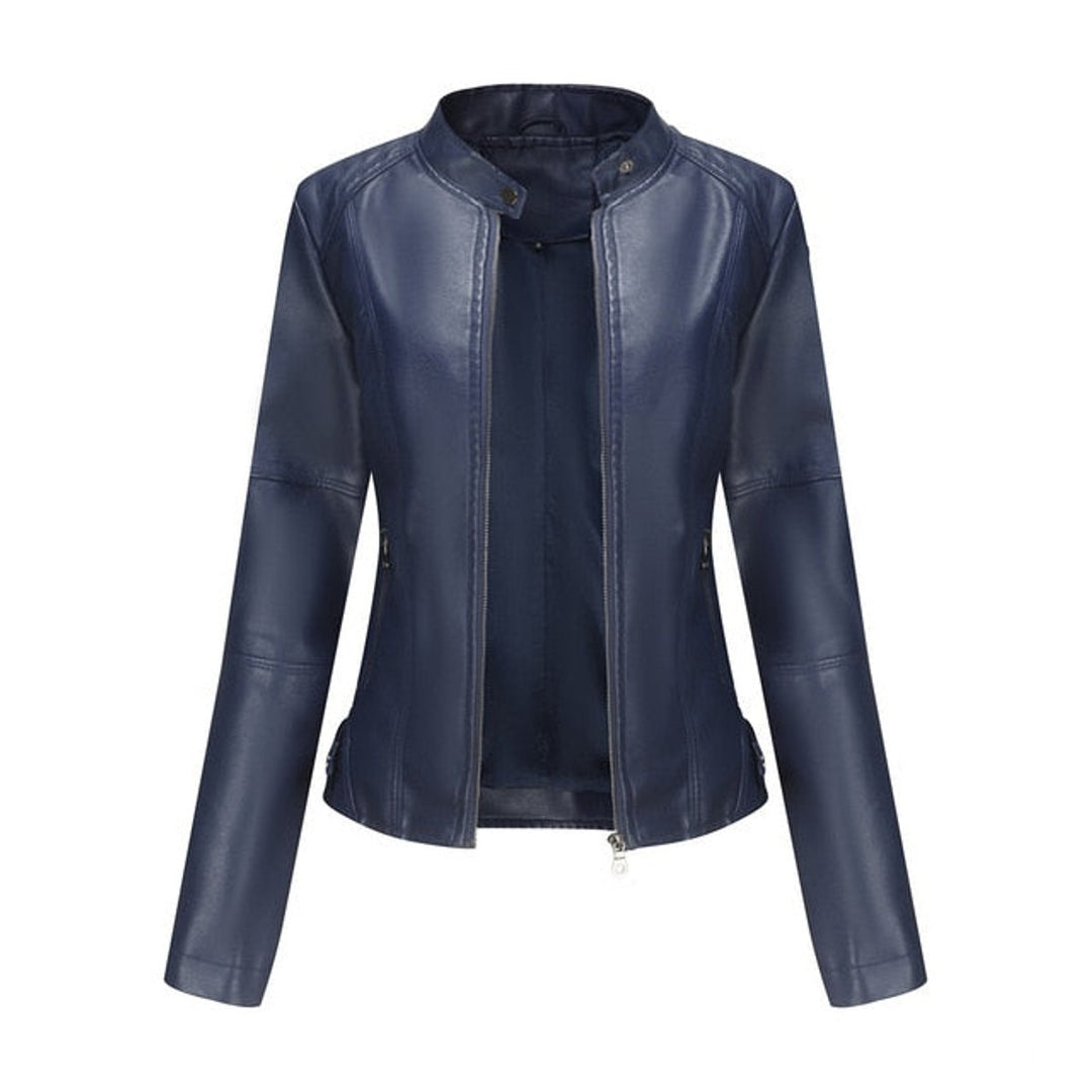 Women's Short-Cut Mock-Neck Zip-Up Faux Leather Jacket - Blue