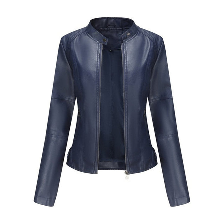 Women's Short-Cut Mock-Neck Zip-Up Faux Leather Jacket - Blue